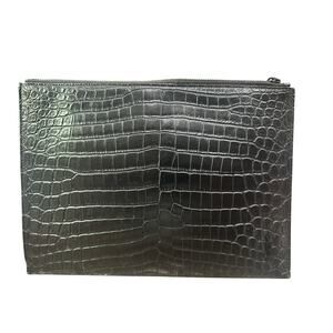 SAINT LAURENT Calfskin Crocodile Embossed Zip Mini Tablet Sleeve Black